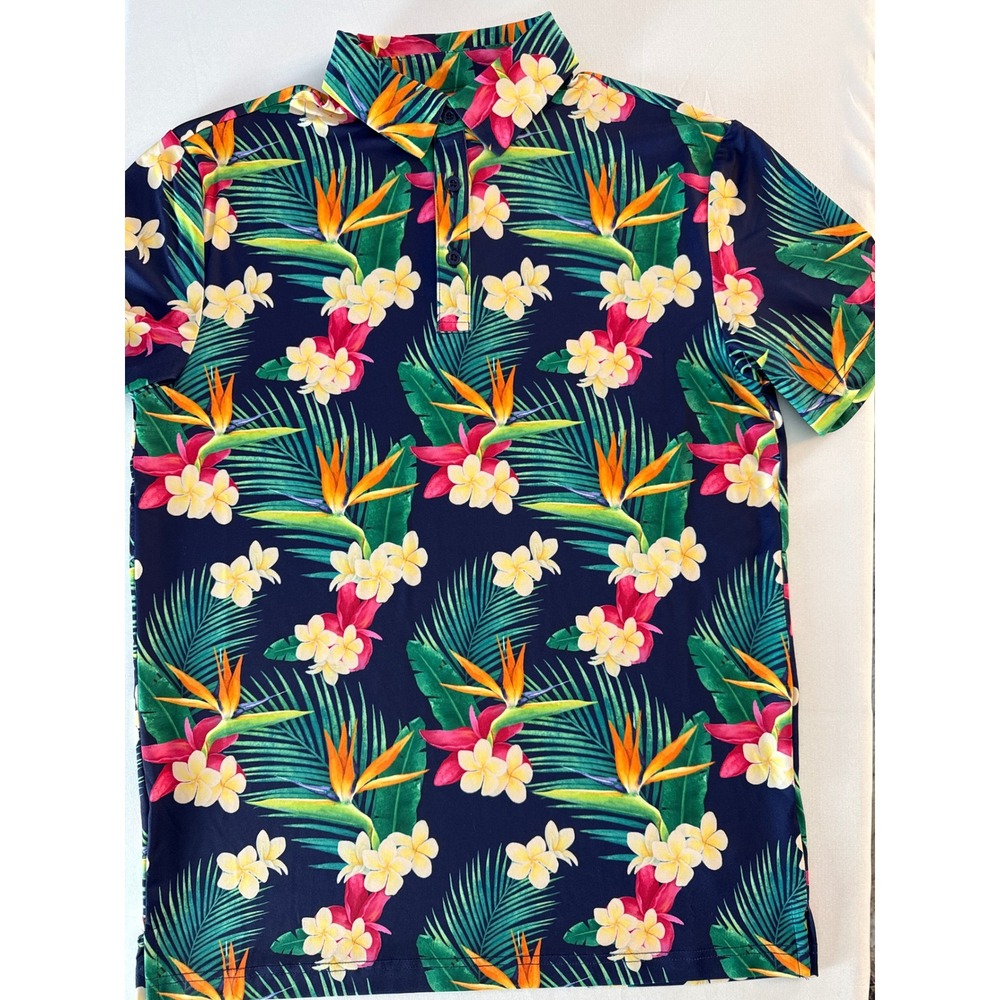 Birdie Bound Men's XS Tropical Floral Golf Polo Navy UPF 50+ Stretch